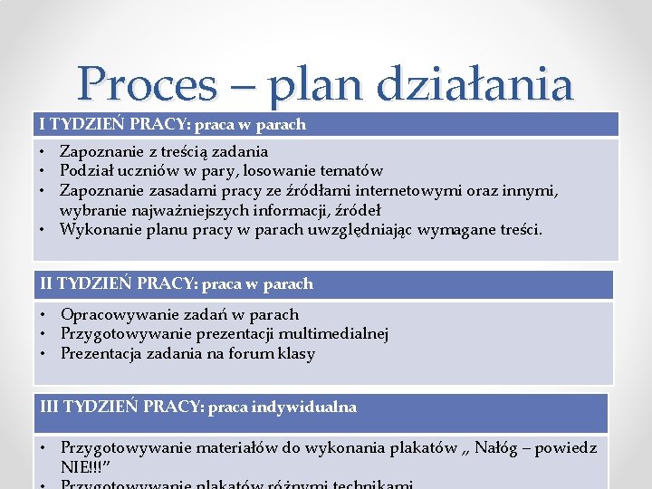 Proces – plan działania I TYDZIEŃ PRACY: praca w parach • Zapoznanie z treścią