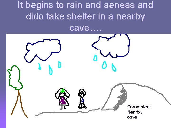 It begins to rain and aeneas and dido take shelter in a nearby cave….