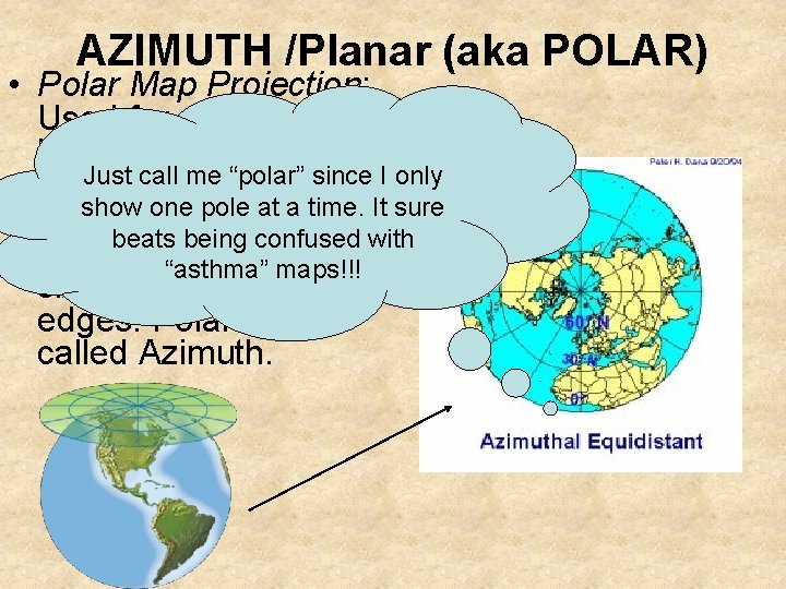 AZIMUTH /Planar (aka POLAR) • Polar Map Projection: Used for mapping hemispheres instead of