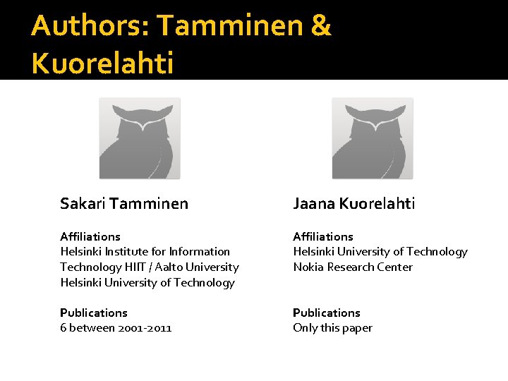 Authors: Tamminen & Kuorelahti Sakari Tamminen Jaana Kuorelahti Affiliations Helsinki Institute for Information Technology