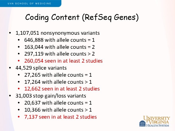 Coding Content (Ref. Seq Genes) • 1, 107, 051 nonsynonymous variants • 646, 888