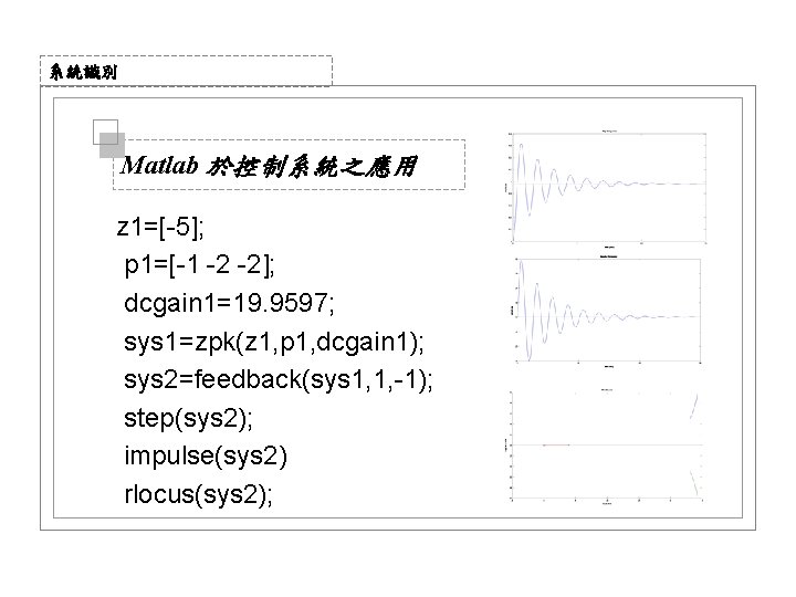 系統識別 Matlab 於控制系統之應用 z 1=[-5]; p 1=[-1 -2 -2]; dcgain 1=19. 9597; sys 1=zpk(z