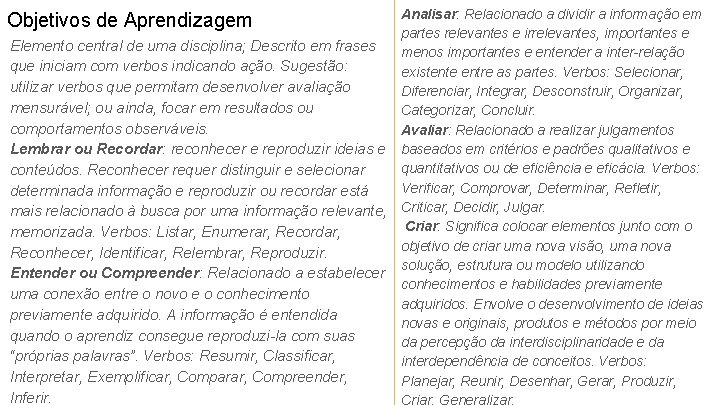 Analisar: Relacionado a dividir a informação em partes relevantes e irrelevantes, importantes e Elemento