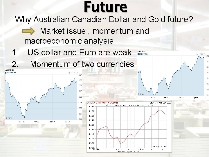 Future Why Australian Canadian Dollar and Gold future? Market issue , momentum and macroeconomic