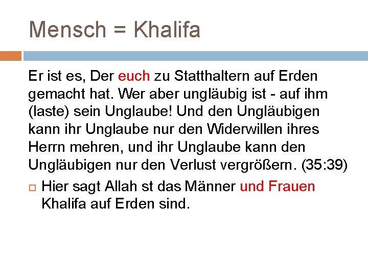 Mensch = Khalifa Er ist es, Der euch zu Statthaltern auf Erden gemacht hat.