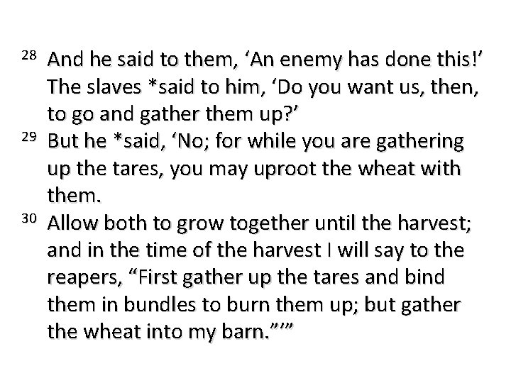 28 And he said to them, ‘An enemy has done this!’ The slaves *said