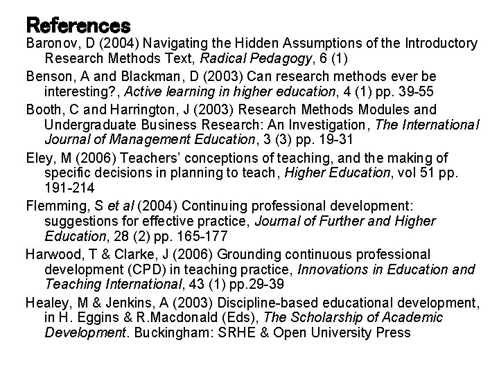References Baronov, D (2004) Navigating the Hidden Assumptions of the Introductory Research Methods Text,
