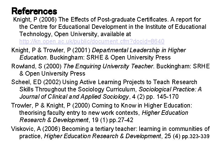 References Knight, P (2006) The Effects of Post-graduate Certificates. A report for the Centre