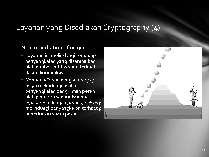 Layanan yang Disediakan Cryptography (4) Non-repudiation of origin • Layanan ini melindungi terhadap penyangkalan