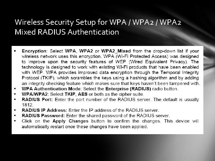 Wireless Security Setup for WPA / WPA 2 Mixed RADIUS Authentication 
