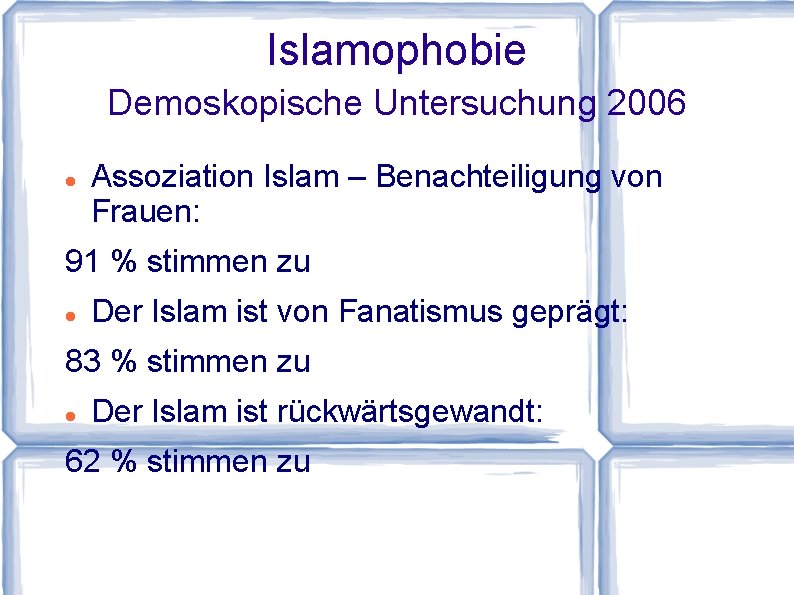Islamophobie Demoskopische Untersuchung 2006 Assoziation Islam – Benachteiligung von Frauen: 91 % stimmen zu