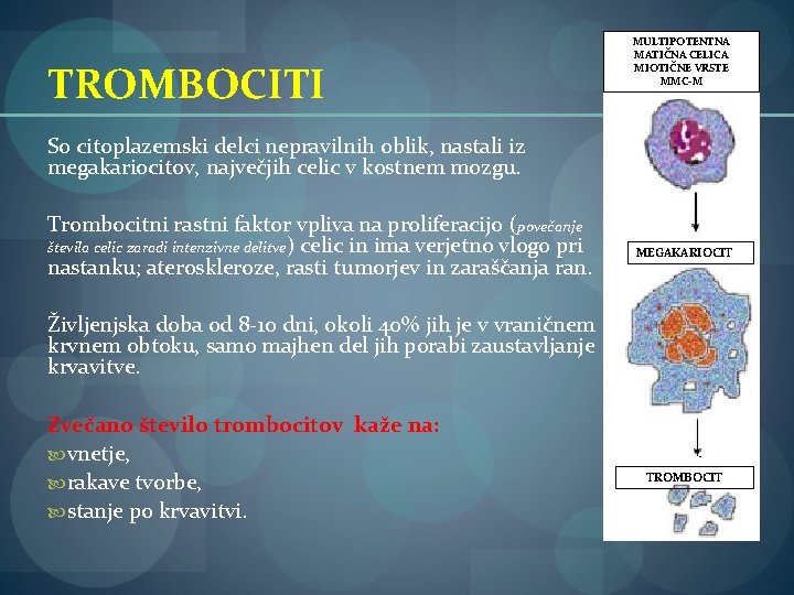 TROMBOCITI MULTIPOTENTNA MATIČNA CELICA MIOTIČNE VRSTE MMC-M So citoplazemski delci nepravilnih oblik, nastali iz