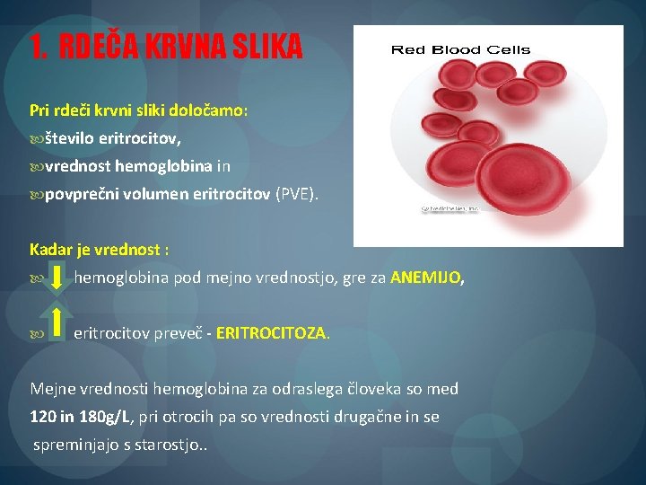 1. RDEČA KRVNA SLIKA Pri rdeči krvni sliki določamo: število eritrocitov, vrednost hemoglobina in