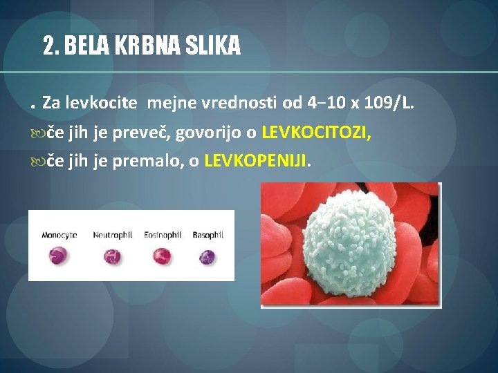 2. BELA KRBNA SLIKA. Za levkocite mejne vrednosti od 4− 10 x 109/L. če