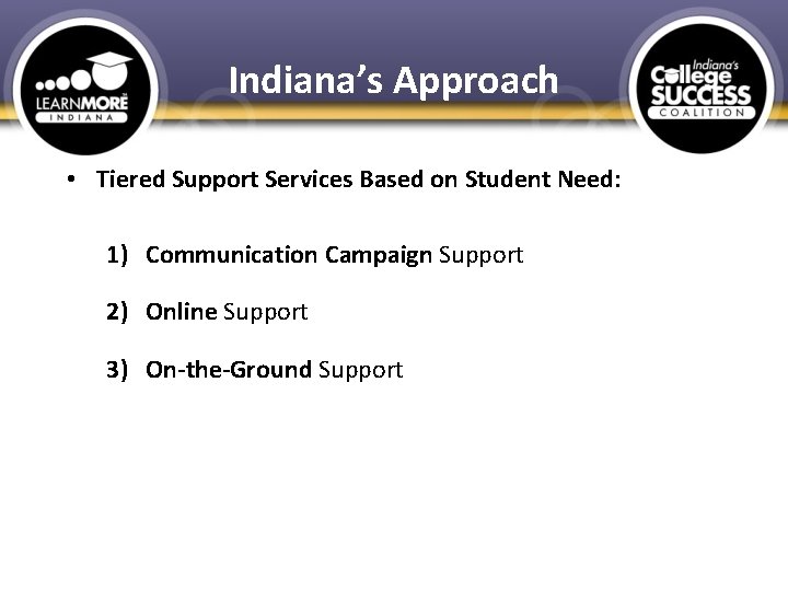 Indiana’s Approach • Tiered Support Services Based on Student Need: 1) Communication Campaign Support