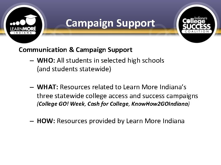 Campaign Support Communication & Campaign Support – WHO: All students in selected high schools
