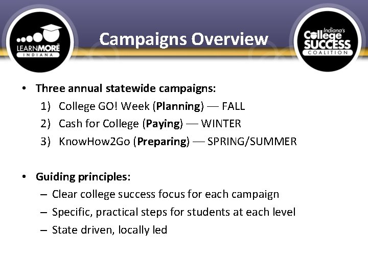 Campaigns Overview • Three annual statewide campaigns: 1) College GO! Week (Planning) –– FALL