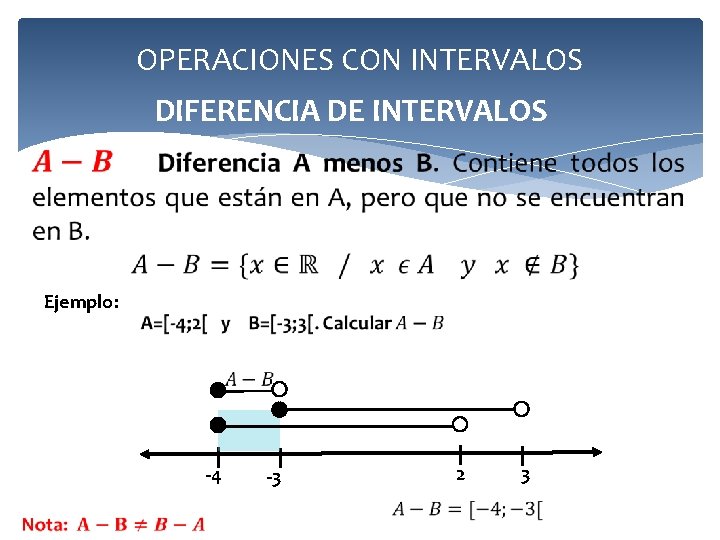 OPERACIONES CON INTERVALOS DIFERENCIA DE INTERVALOS Ejemplo: -4 -3 2 3 