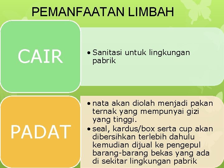 PEMANFAATAN LIMBAH CAIR PADAT • Sanitasi untuk lingkungan pabrik • nata akan diolah menjadi