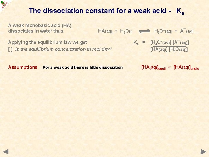 The dissociation constant for a weak acid - Ka A weak monobasic acid (HA)