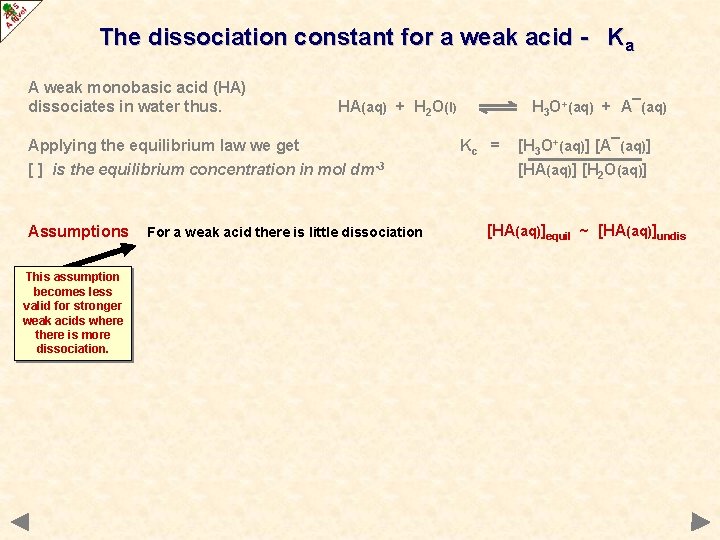 The dissociation constant for a weak acid - Ka A weak monobasic acid (HA)