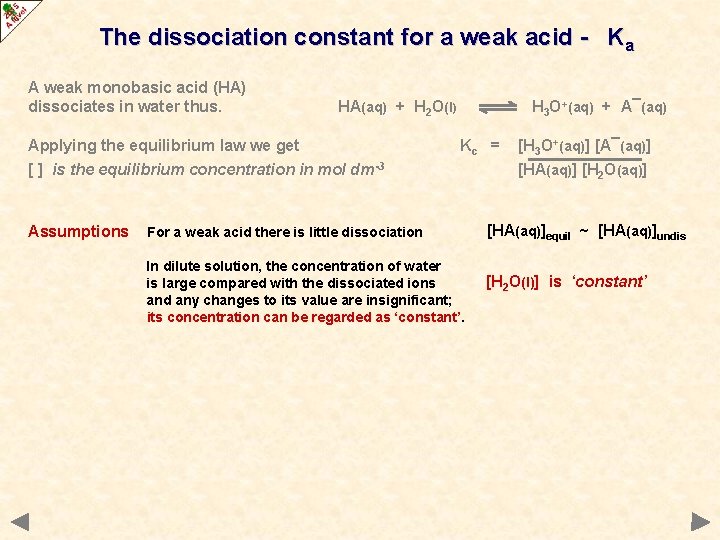 The dissociation constant for a weak acid - Ka A weak monobasic acid (HA)