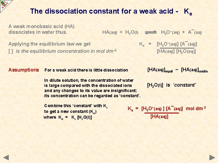 The dissociation constant for a weak acid - Ka A weak monobasic acid (HA)