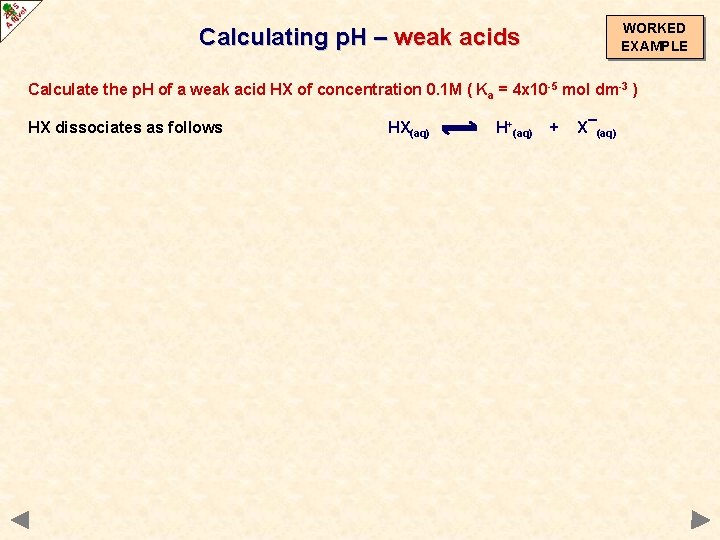 WORKED EXAMPLE Calculating p. H – weak acids Calculate the p. H of a