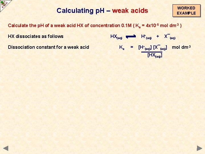 WORKED EXAMPLE Calculating p. H – weak acids Calculate the p. H of a