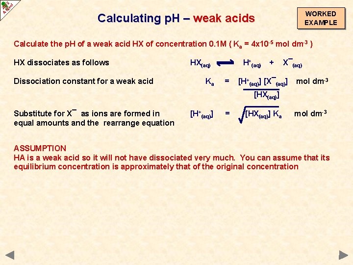 WORKED EXAMPLE Calculating p. H – weak acids Calculate the p. H of a