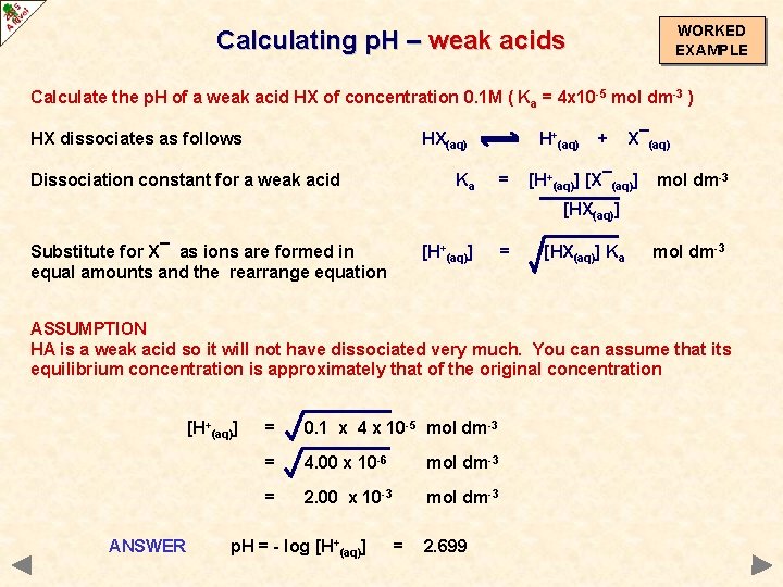 WORKED EXAMPLE Calculating p. H – weak acids Calculate the p. H of a