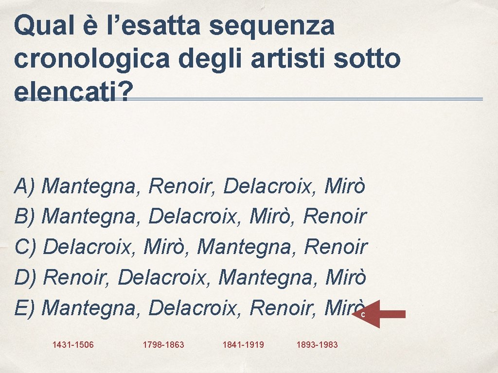 Qual è l’esatta sequenza cronologica degli artisti sotto elencati? A) Mantegna, Renoir, Delacroix, Mirò