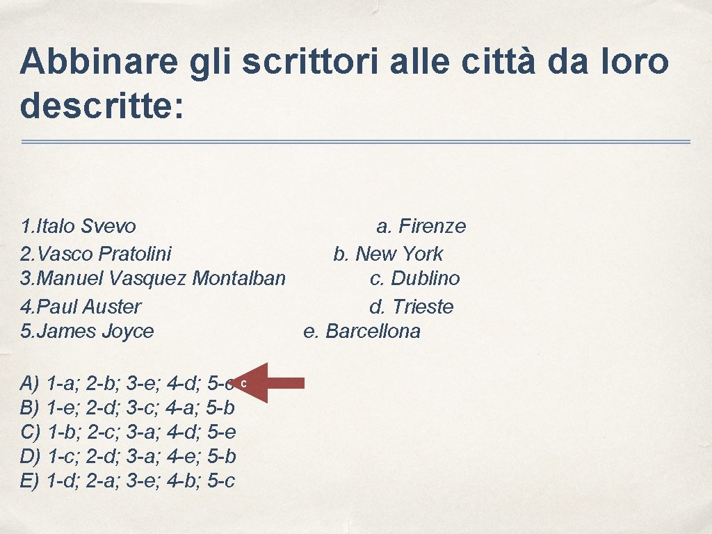 Abbinare gli scrittori alle città da loro descritte: 1. Italo Svevo a. Firenze 2.