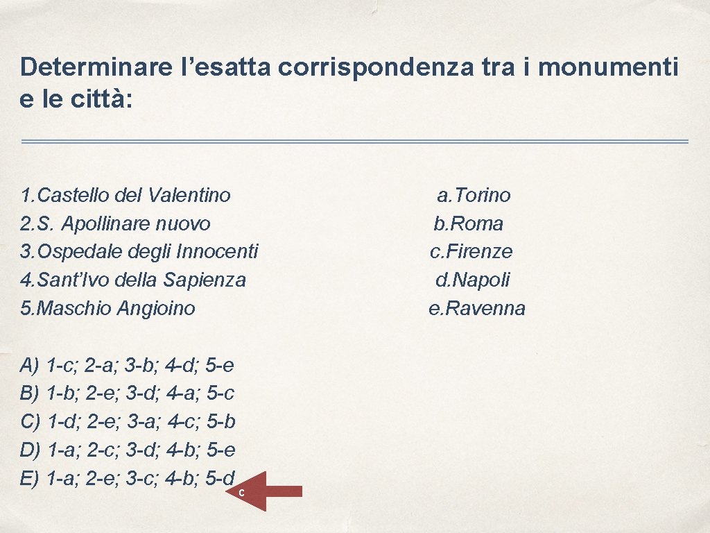 Determinare l’esatta corrispondenza tra i monumenti e le città: 1. Castello del Valentino 2.