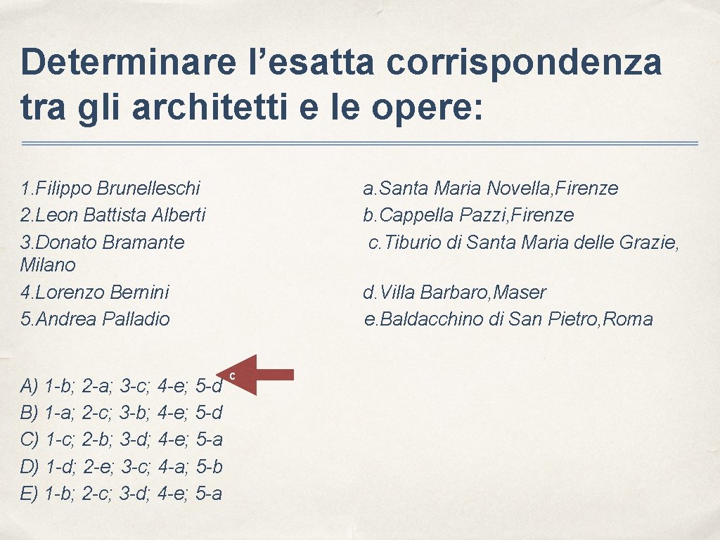 Determinare l’esatta corrispondenza tra gli architetti e le opere: 1. Filippo Brunelleschi 2. Leon