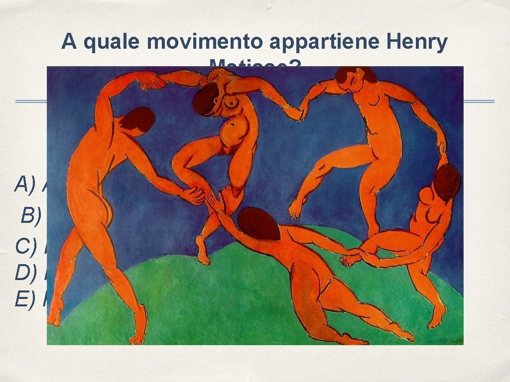 A quale movimento appartiene Henry Matisse? A) Art Nouveau B) Simbolismo C) Fauvisme c