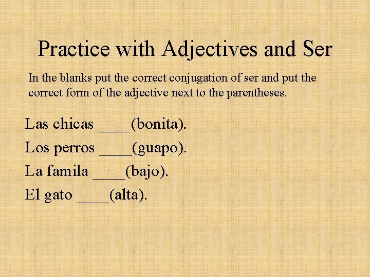 Practice with Adjectives and Ser In the blanks put the correct conjugation of ser
