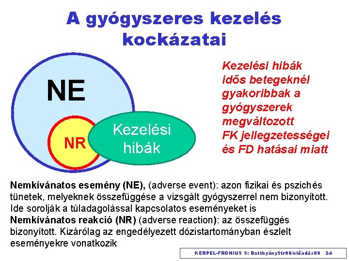 A gyógyszeres kezelés kockázatai NE NR Kezelési hibák idős betegeknél gyakoribbak a gyógyszerek megváltozott