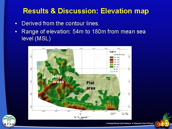 Results & Discussion: Elevation map • Derived from the contour lines. • Range of