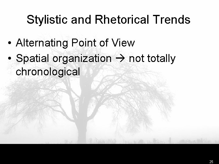 Stylistic and Rhetorical Trends • Alternating Point of View • Spatial organization not totally