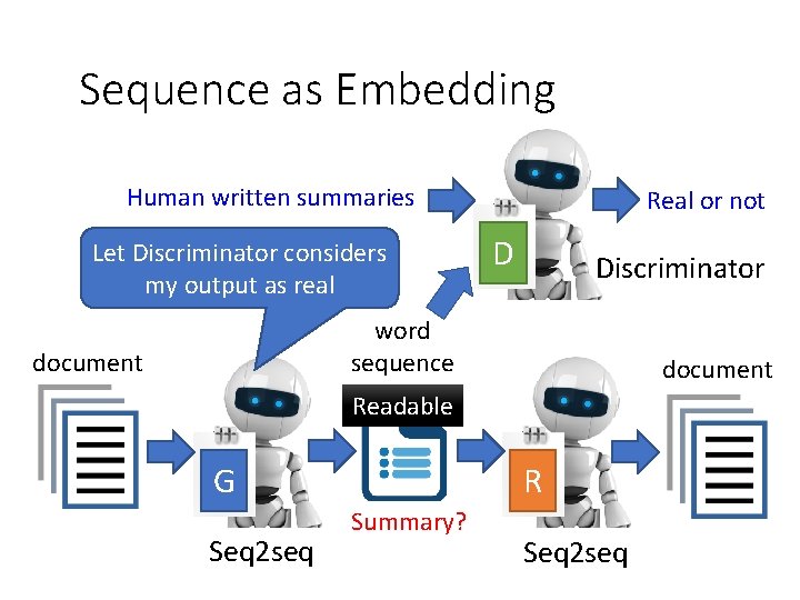 Sequence as Embedding Human written summaries Let Discriminator considers my output as real Real