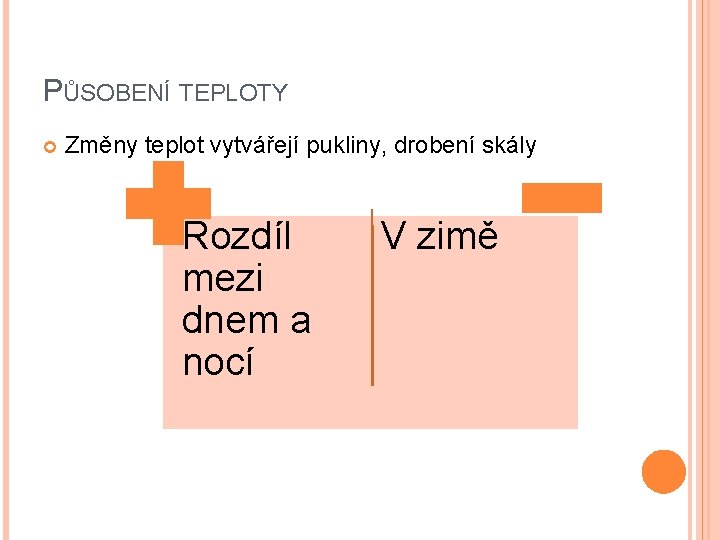 PŮSOBENÍ TEPLOTY Změny teplot vytvářejí pukliny, drobení skály Rozdíl mezi dnem a nocí V