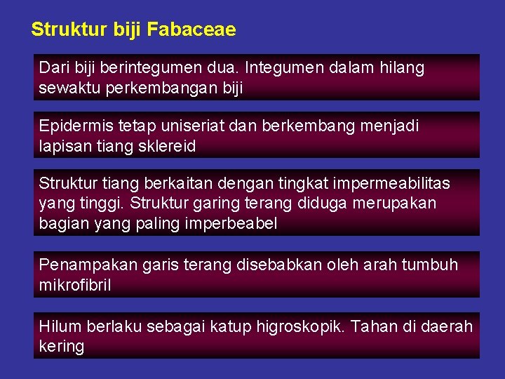 Struktur biji Fabaceae Dari biji berintegumen dua. Integumen dalam hilang sewaktu perkembangan biji Epidermis
