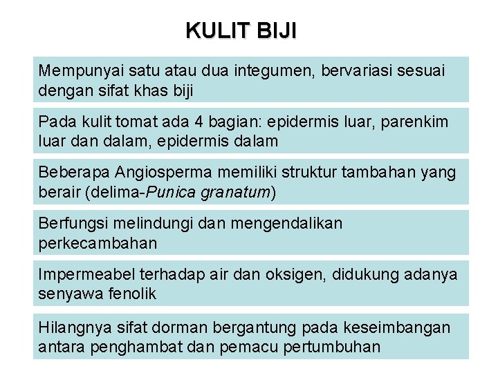 KULIT BIJI Mempunyai satu atau dua integumen, bervariasi sesuai dengan sifat khas biji Pada