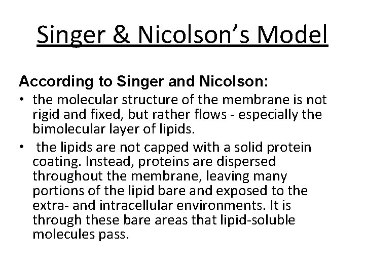 Singer & Nicolson’s Model According to Singer and Nicolson: • the molecular structure of