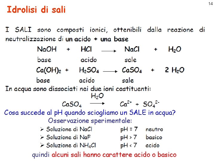 Idrolisi di sali Cosa succede al p. H quando sciogliamo un SALE in acqua?