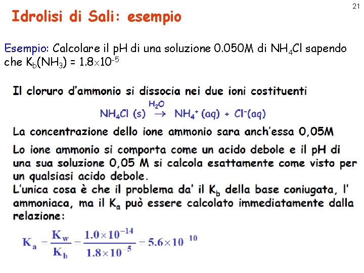 Idrolisi di Sali: esempio Esempio: Calcolare il p. H di una soluzione 0. 050