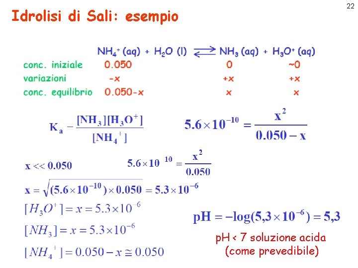 22 Idrolisi di Sali: esempio p. H < 7 soluzione acida (come prevedibile) 