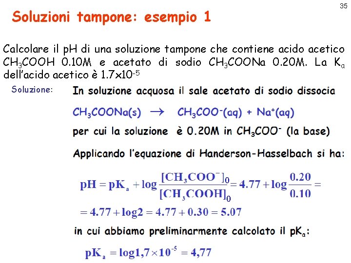 35 Soluzioni tampone: esempio 1 Calcolare il p. H di una soluzione tampone che