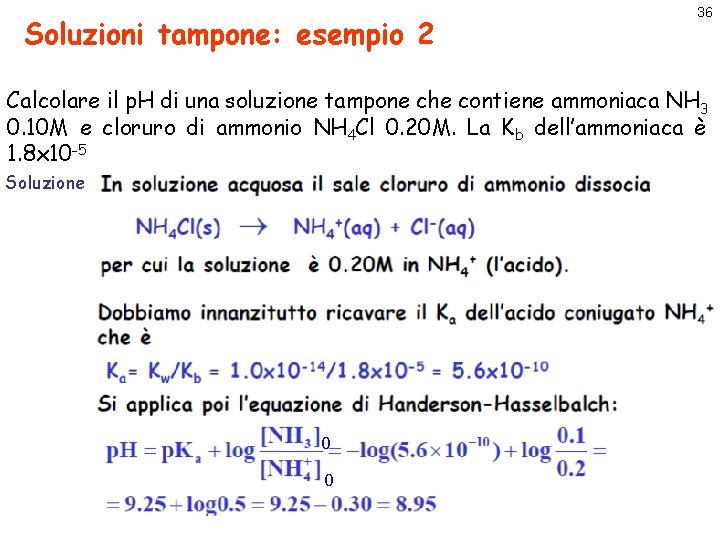 Soluzioni tampone: esempio 2 36 Calcolare il p. H di una soluzione tampone che